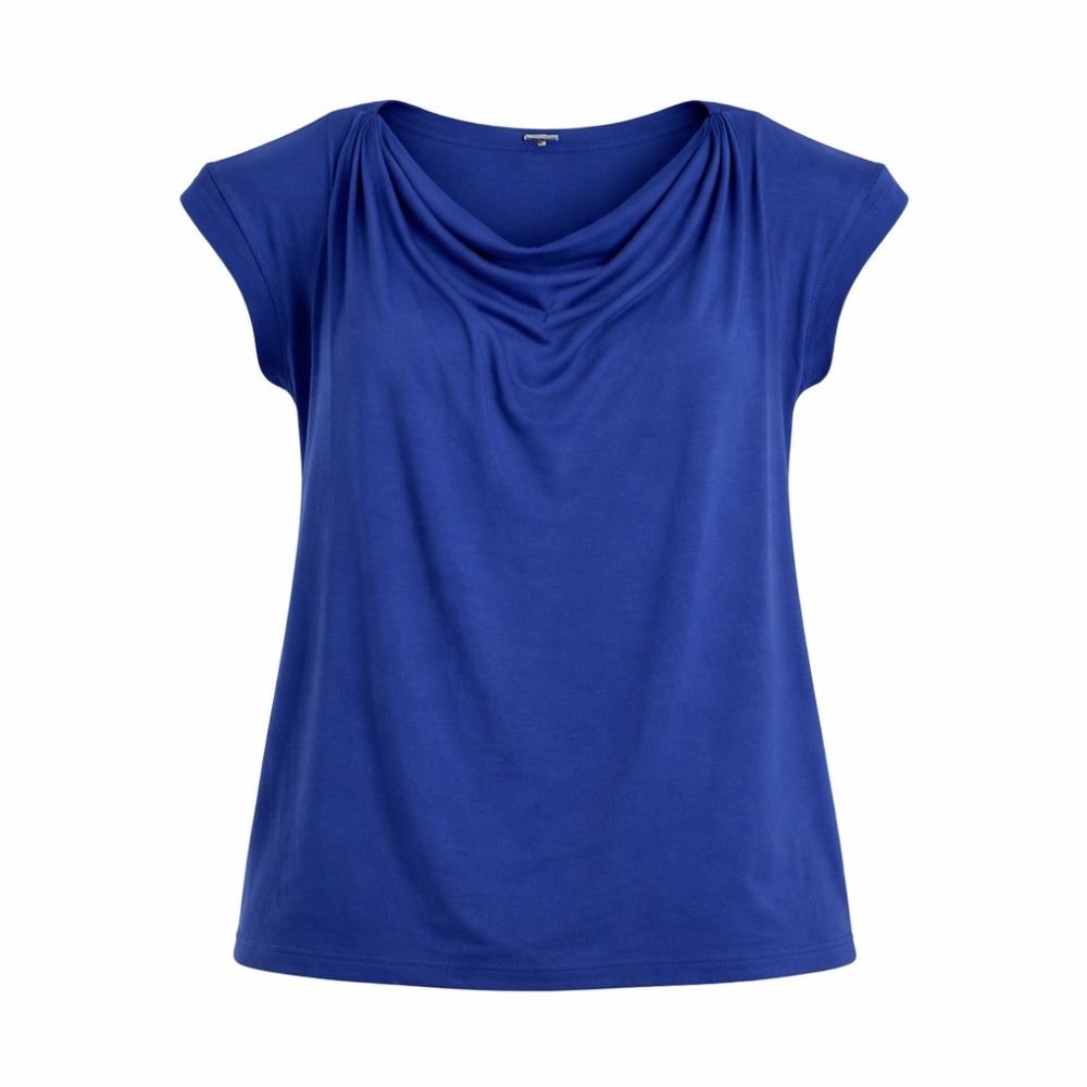 Eileen Fisher Womens Large Royal Blue Cowl Neck Cap Sleeve Jersey Knit Top USA